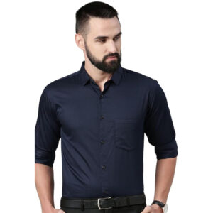 Men Satin Cotton Formal Navy Blue Shirt