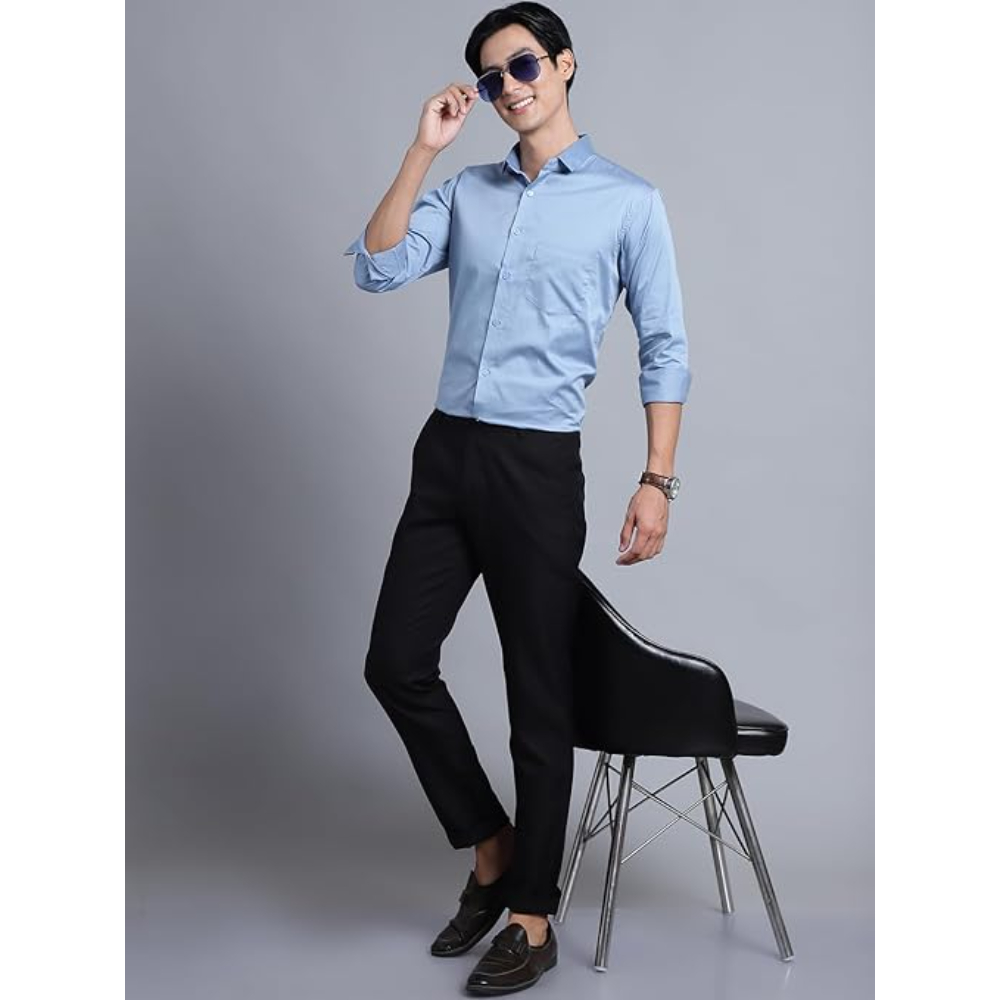 Men Satin Cotton Formal Light Blue Shirt - Image 3