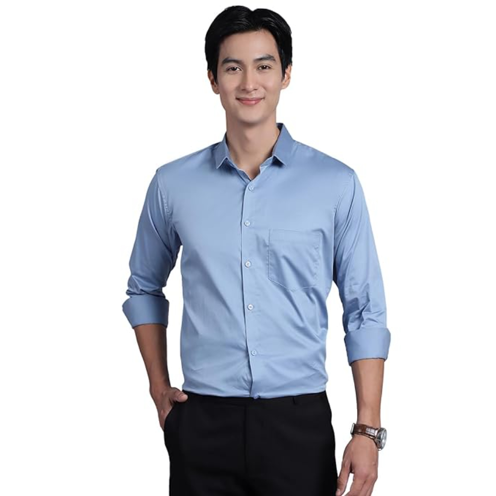 Men Satin Cotton Formal Light Blue Shirt