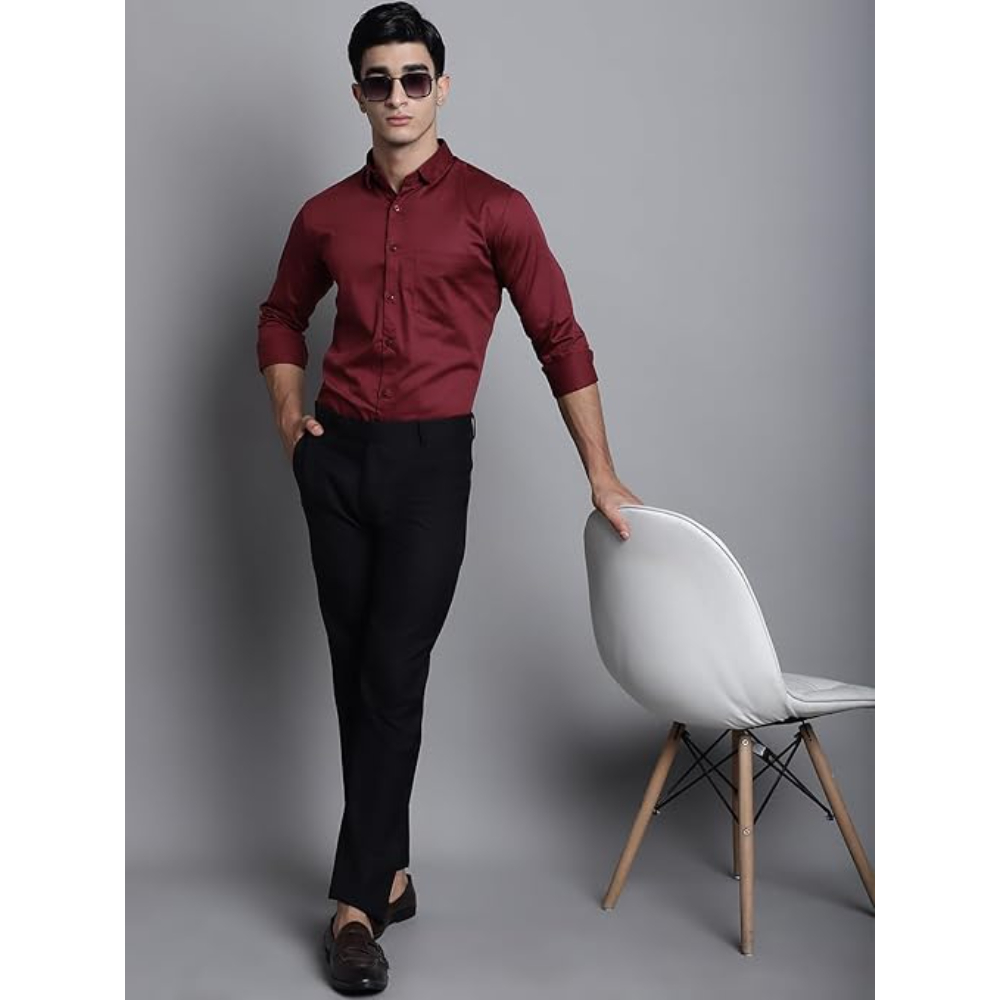 Men Satin Cotton Formal Maroon Shirt - Image 3