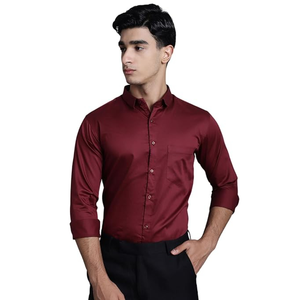 Men Satin Cotton Formal Maroon Shirt