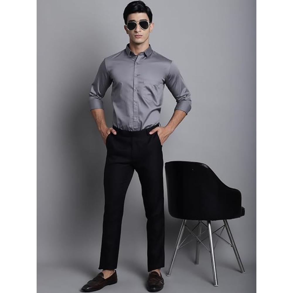 Men Satin Cotton Formal Dark Grey Shirt - Image 3