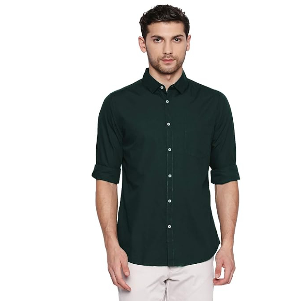 Men Solid Cotton Casual Bottle Green Shirt