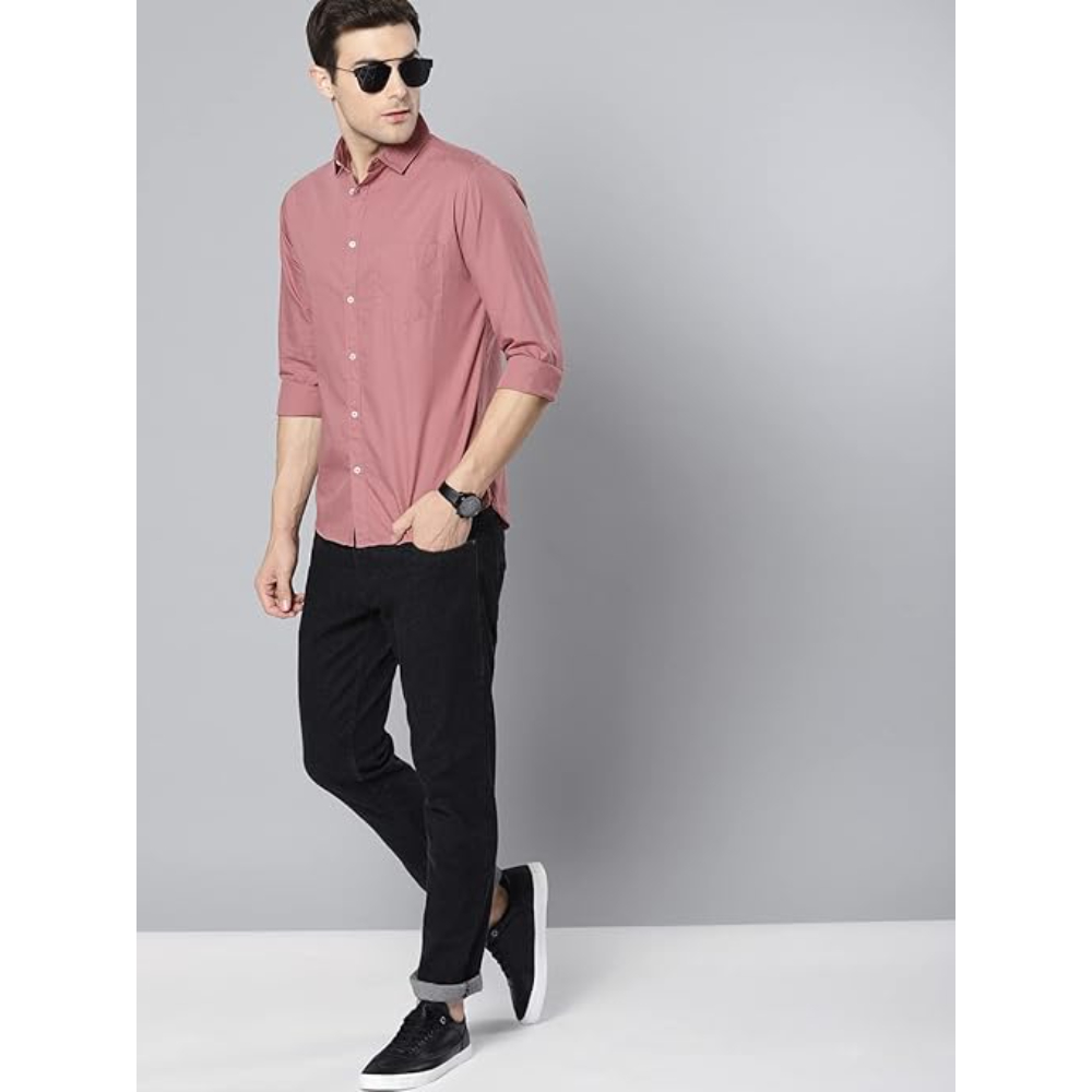 Men Solid Cotton Casual Dusty Pink Shirt - Image 3