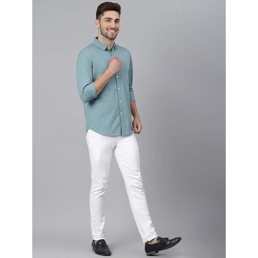 Men Solid Cotton Casual Dusty Teal Shirt - Image 3