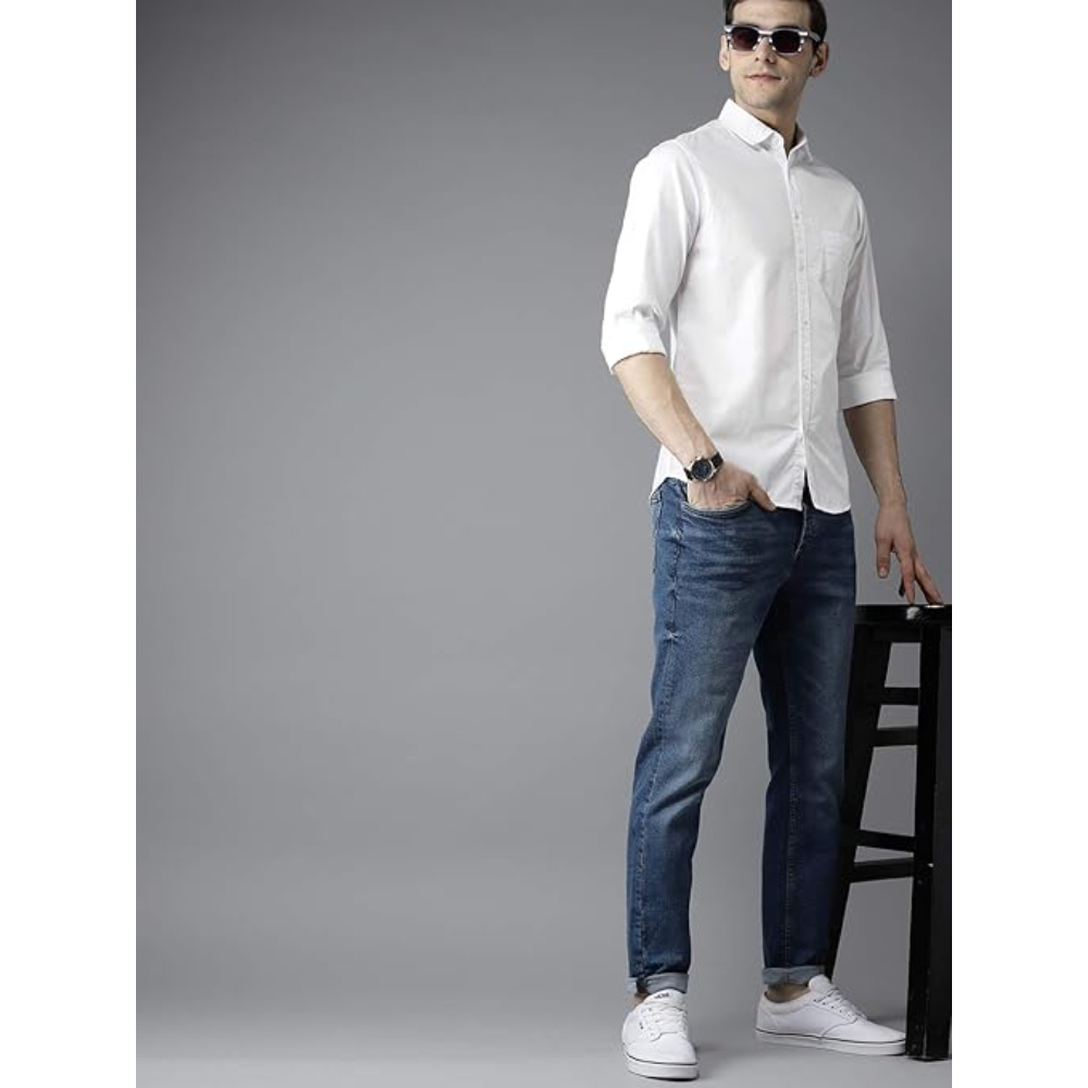 Men Solid Cotton Casual White Shirt - Image 3