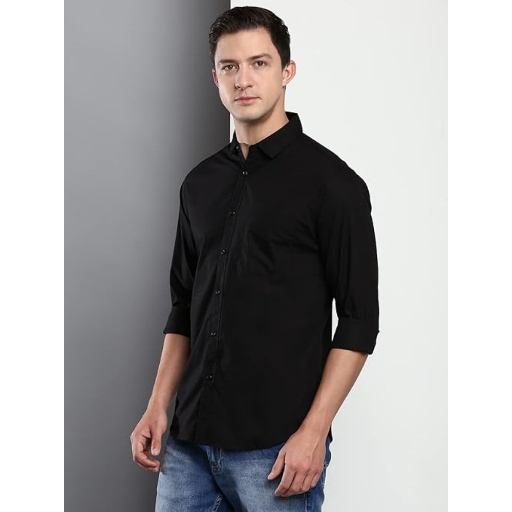 Men Solid Cotton Casual Black Shirt - Image 3