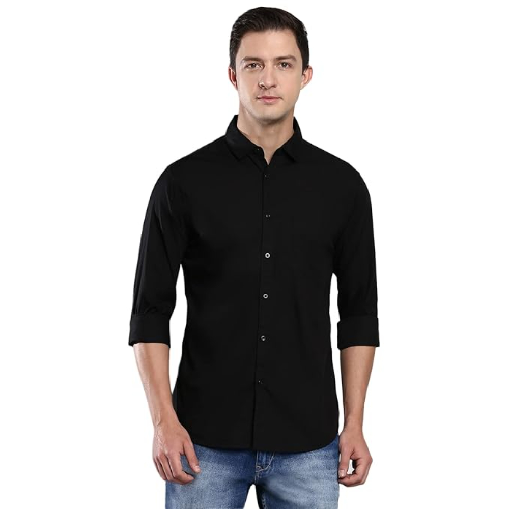 Men Solid Cotton Casual Black Shirt