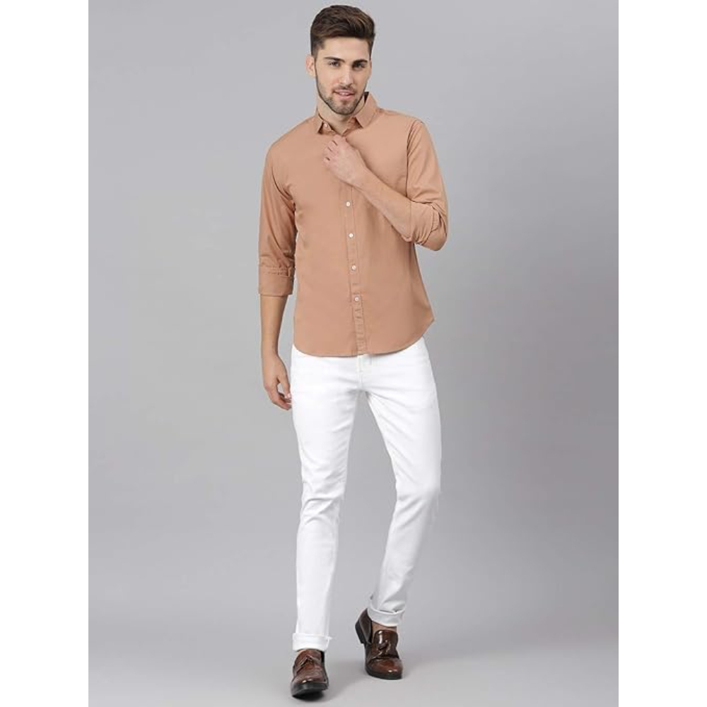 Men Solid Cotton Casual Camel Brown Shirt - Image 3