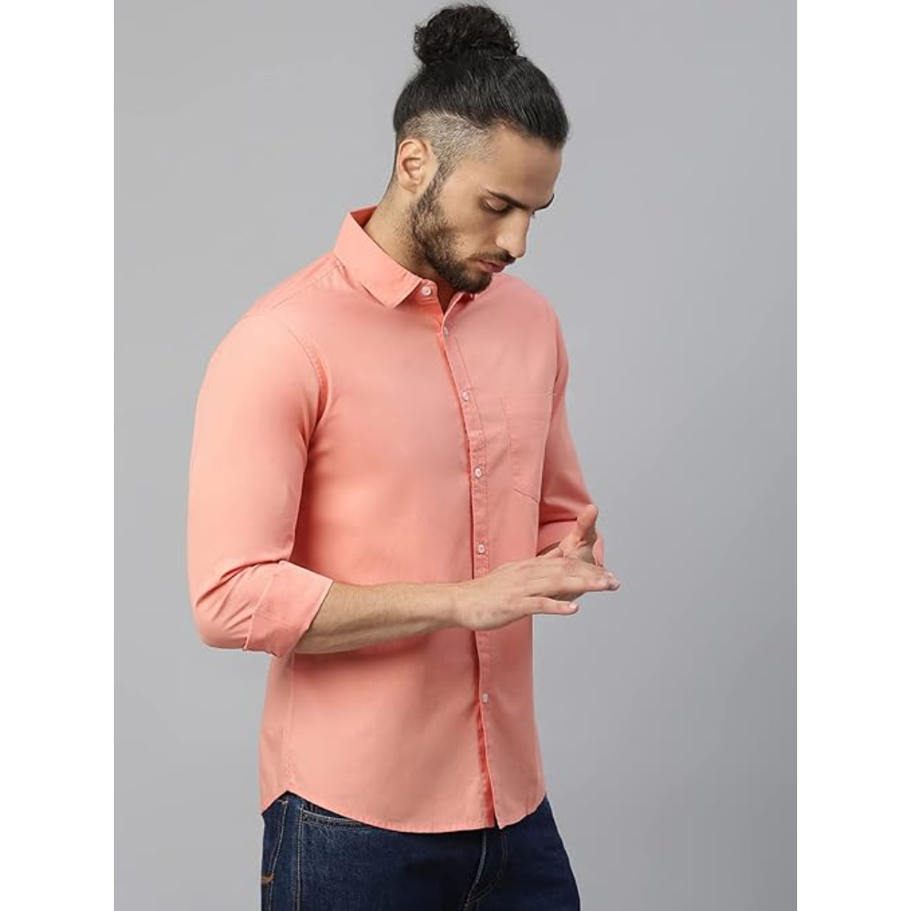 Men Solid Cotton Casual Coral Shirt - Image 3