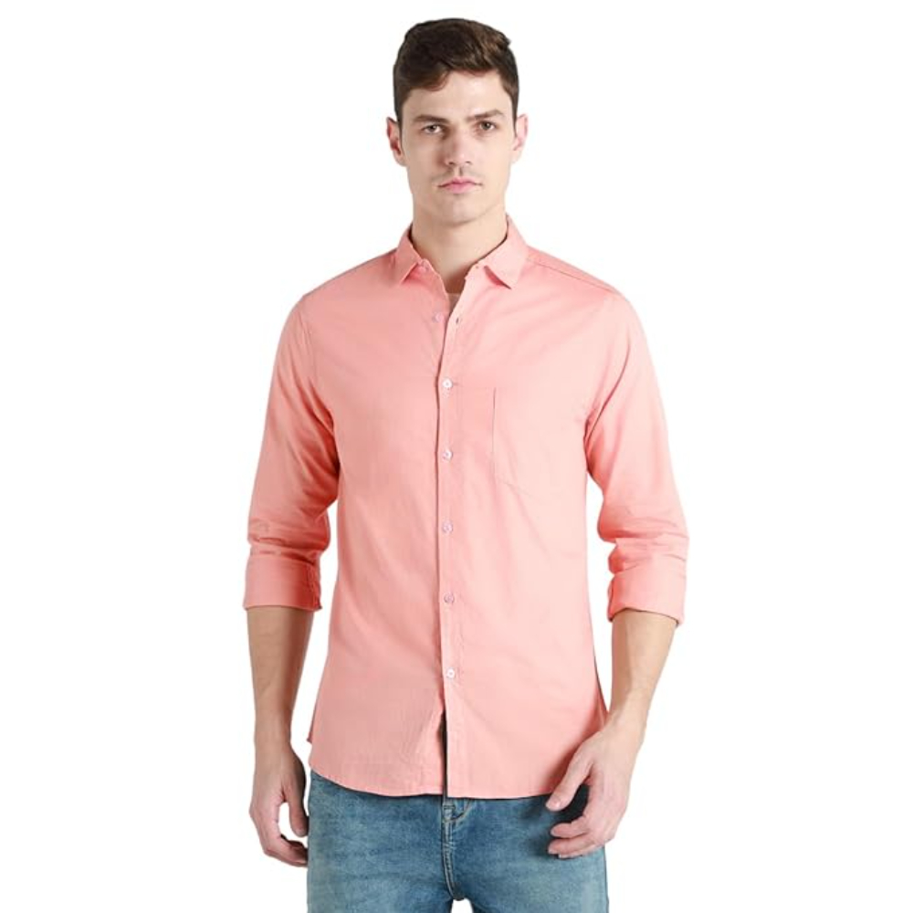 Men Solid Cotton Casual Light Orange Shirt