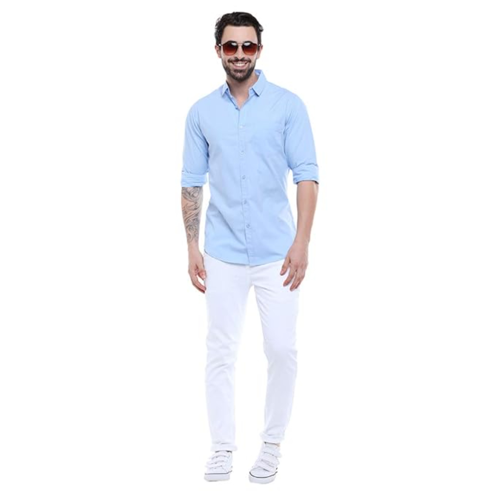 Men Solid Cotton Casual Sky Blue Shirt - Image 3