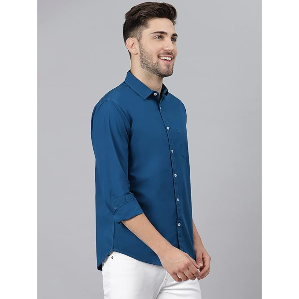 Men Solid Cotton Casual Teal Blue Shirt - Image 3