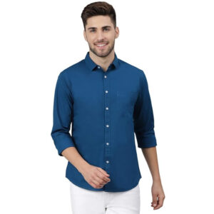 Men Solid Cotton Casual Teal Blue Shirt