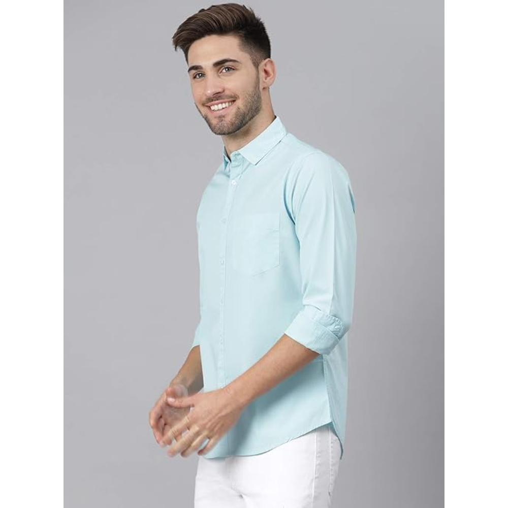 Men Solid Cotton Casual Torquoise Blue Shirt - Image 3