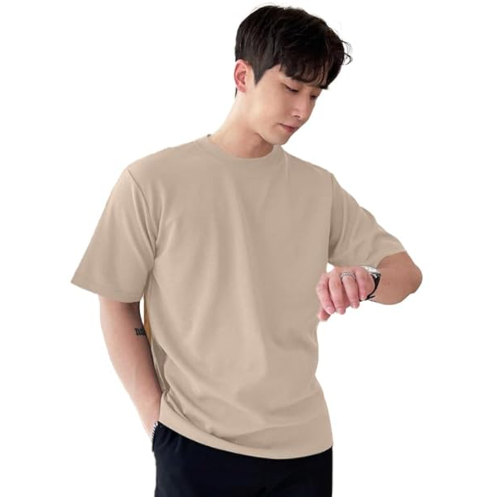 Men Round Neck Beige T-shirts - Image 3