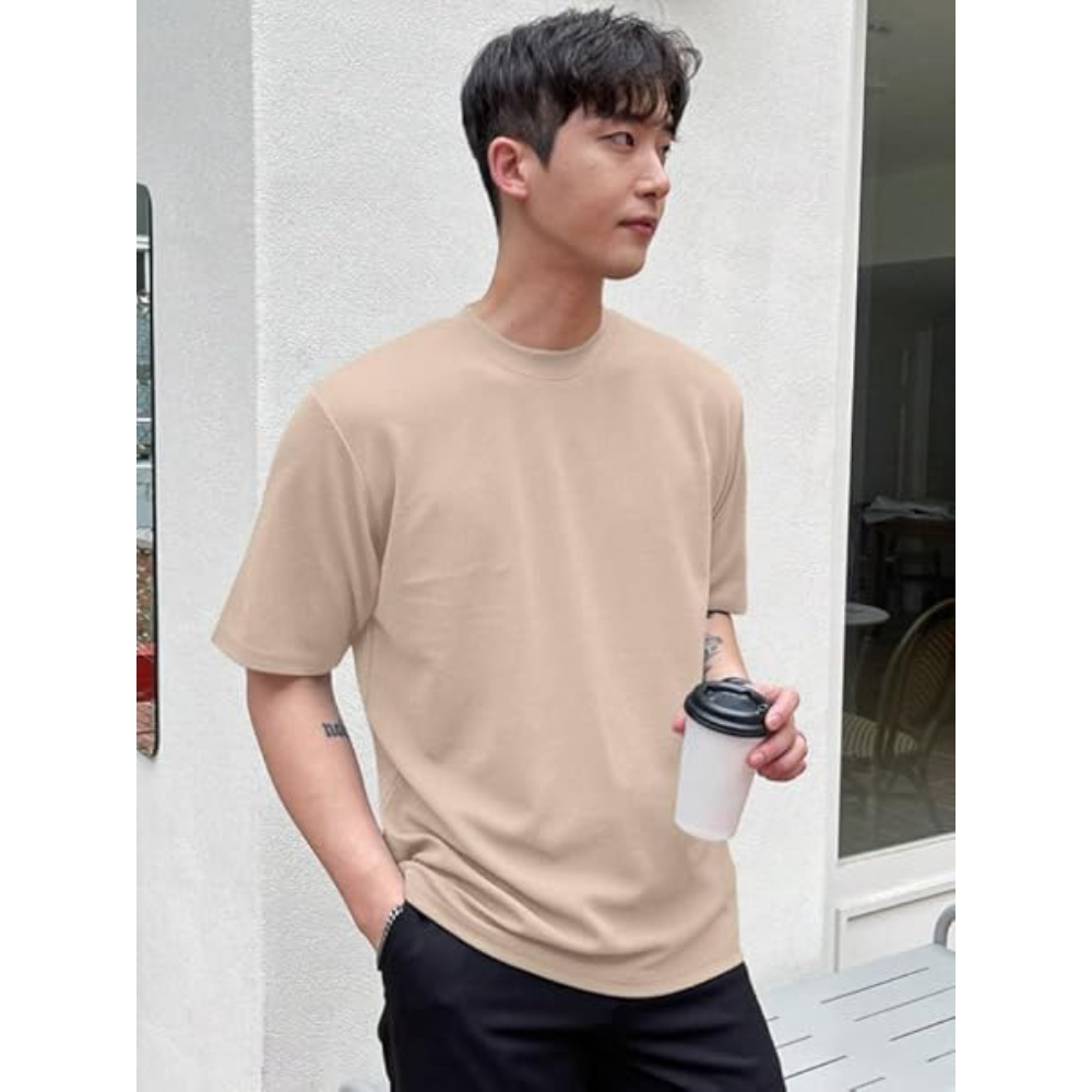 Men Round Neck Beige T-shirts