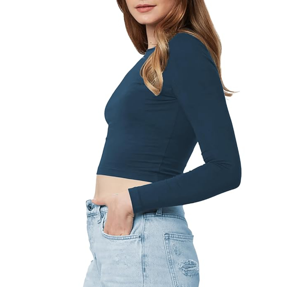 Women Cotton Boat Neck Navy Top - Image 3