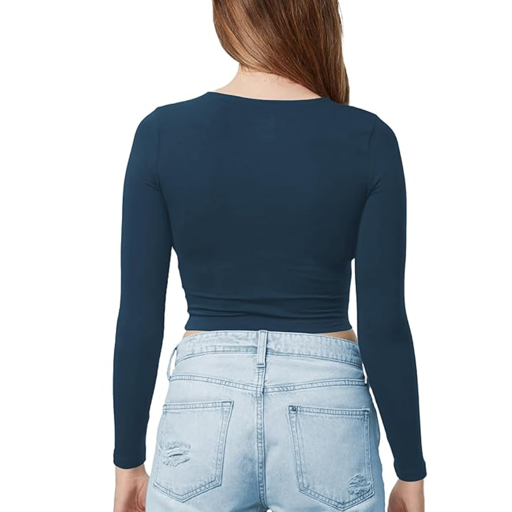 Women Cotton Boat Neck Navy Top - Image 2