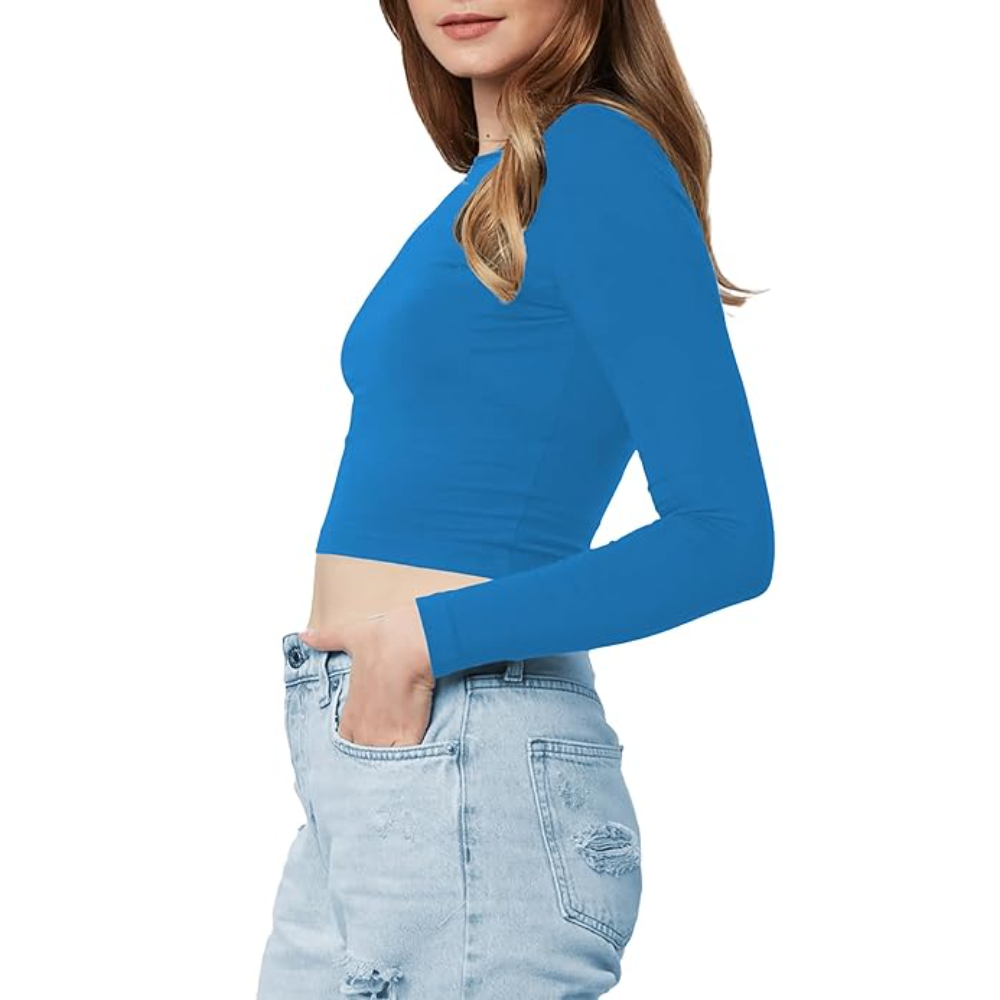 Women Cotton Boat Neck Teal Blue Top - Image 3