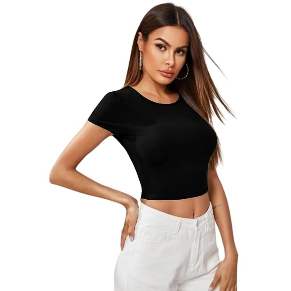 Women Short Sleeves Black Crop Top - Image 3