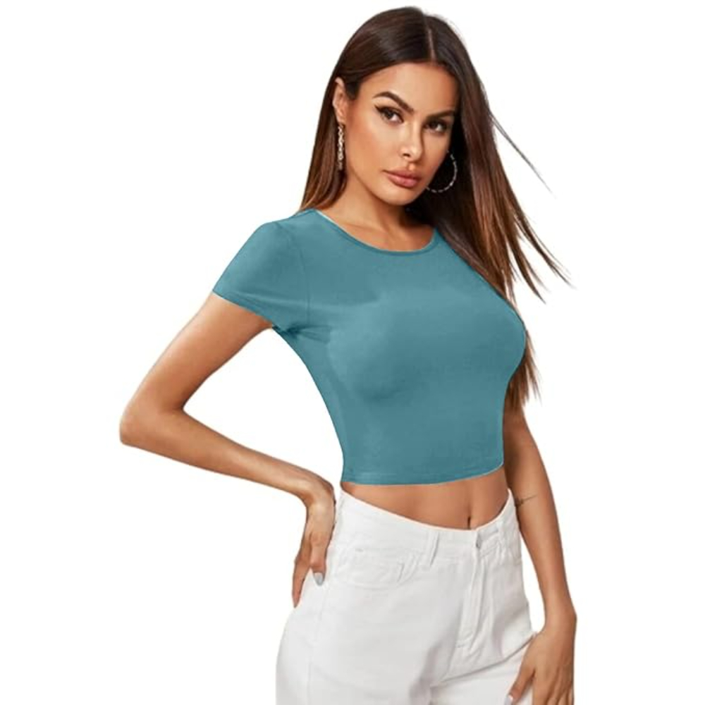 Women Short Sleeves Blue Crop Top - Image 3
