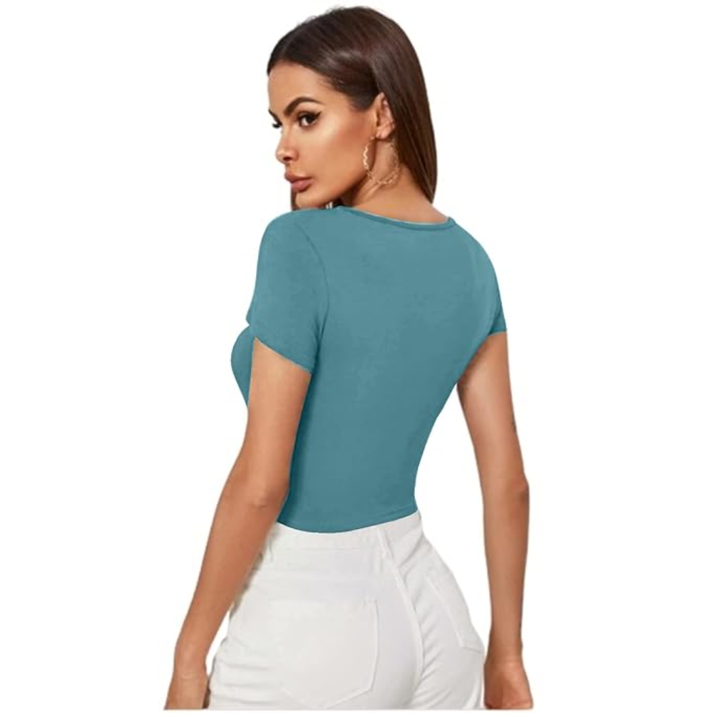 Women Short Sleeves Blue Crop Top - Image 2