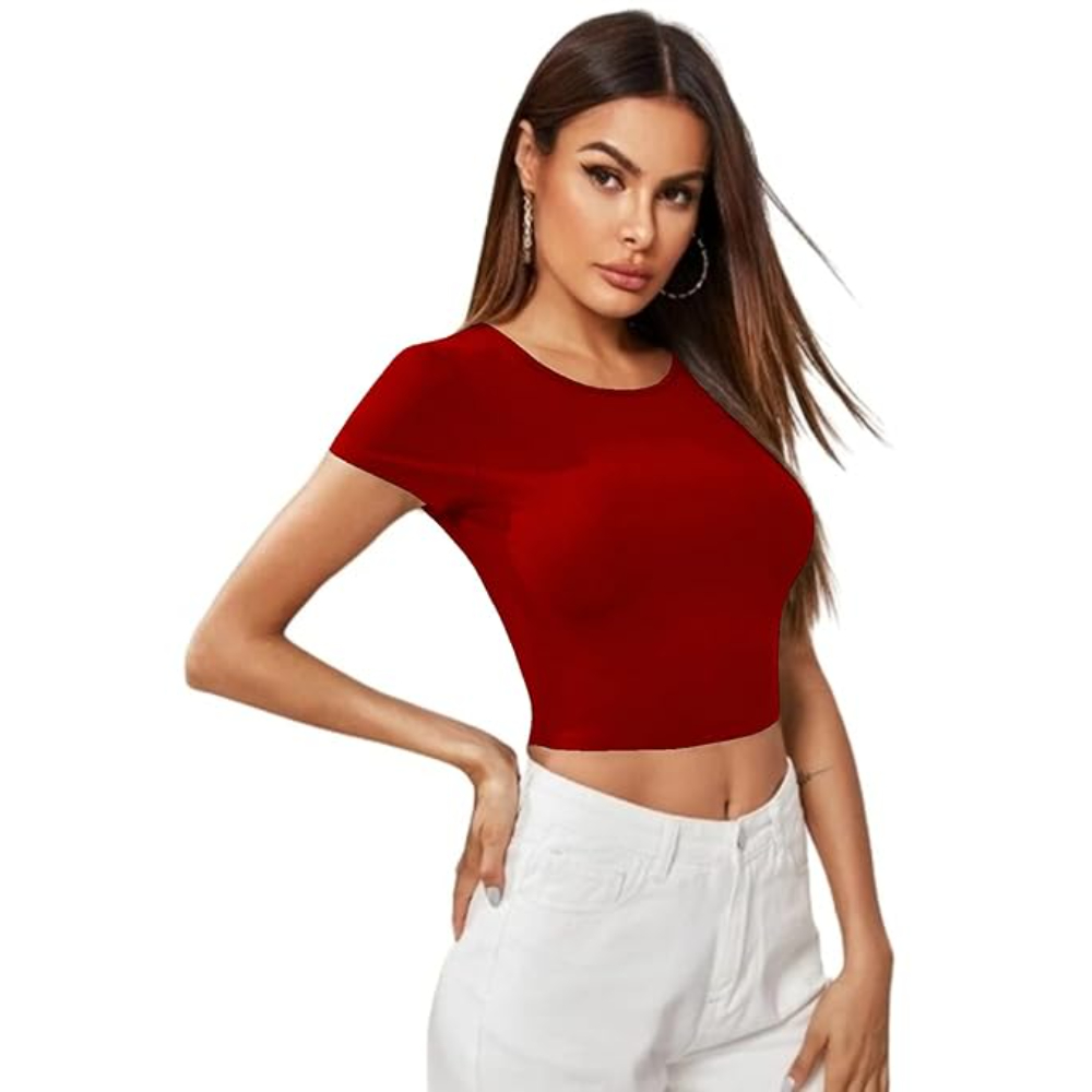 Women Short Sleeves Red Crop Top - Image 3