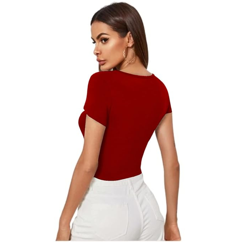 Women Short Sleeves Red Crop Top - Image 2