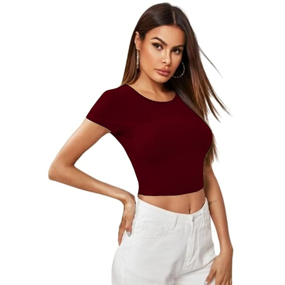 Women Short Sleeves Maroon Crop Top - Image 3