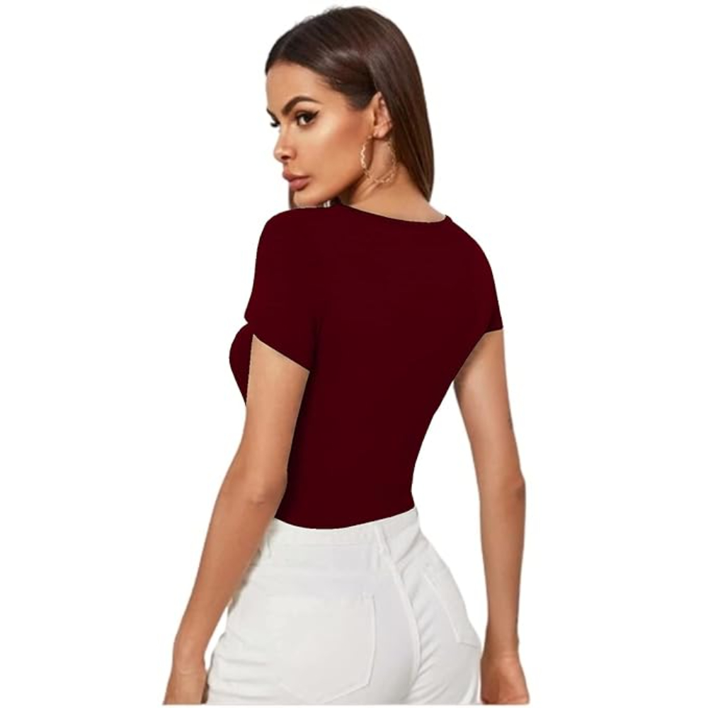 Women Short Sleeves Maroon Crop Top - Image 2
