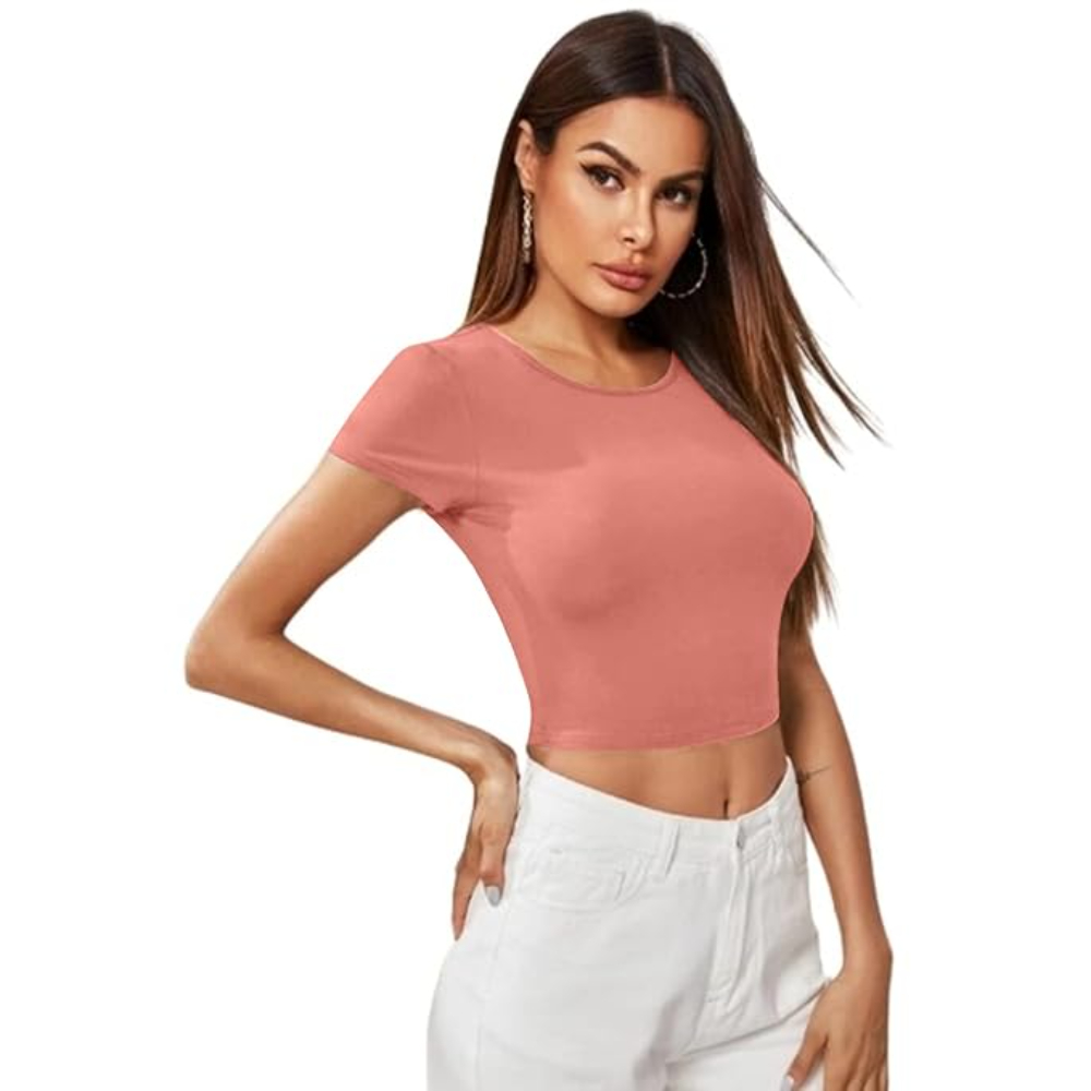 Women Short Sleeves Rose Peach Crop Top - Image 3