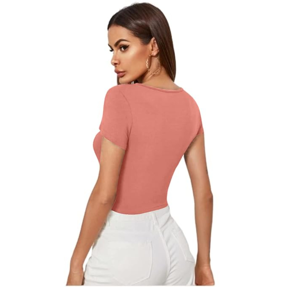 Women Short Sleeves Rose Peach Crop Top - Image 2
