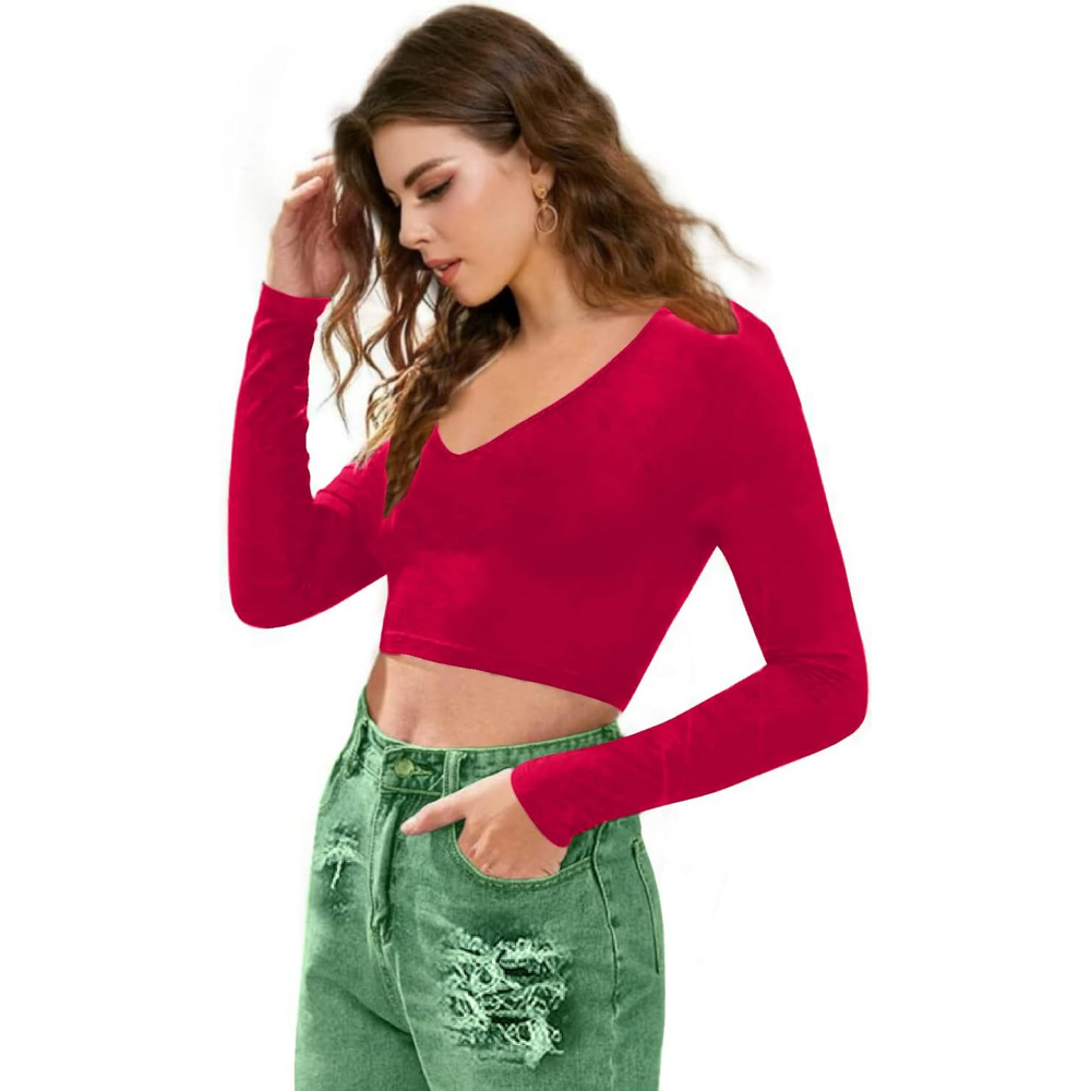 Women V-Neck Pink Crop Top - Image 3