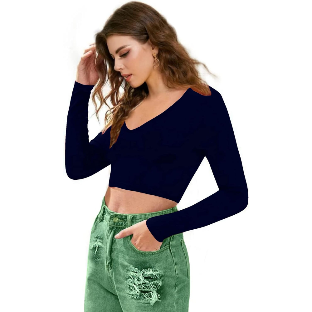 Women V-Neck Navy Blue Crop Top - Image 3