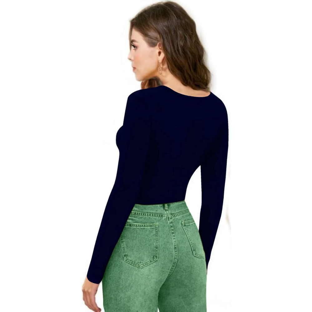Women V-Neck Navy Blue Crop Top - Image 2