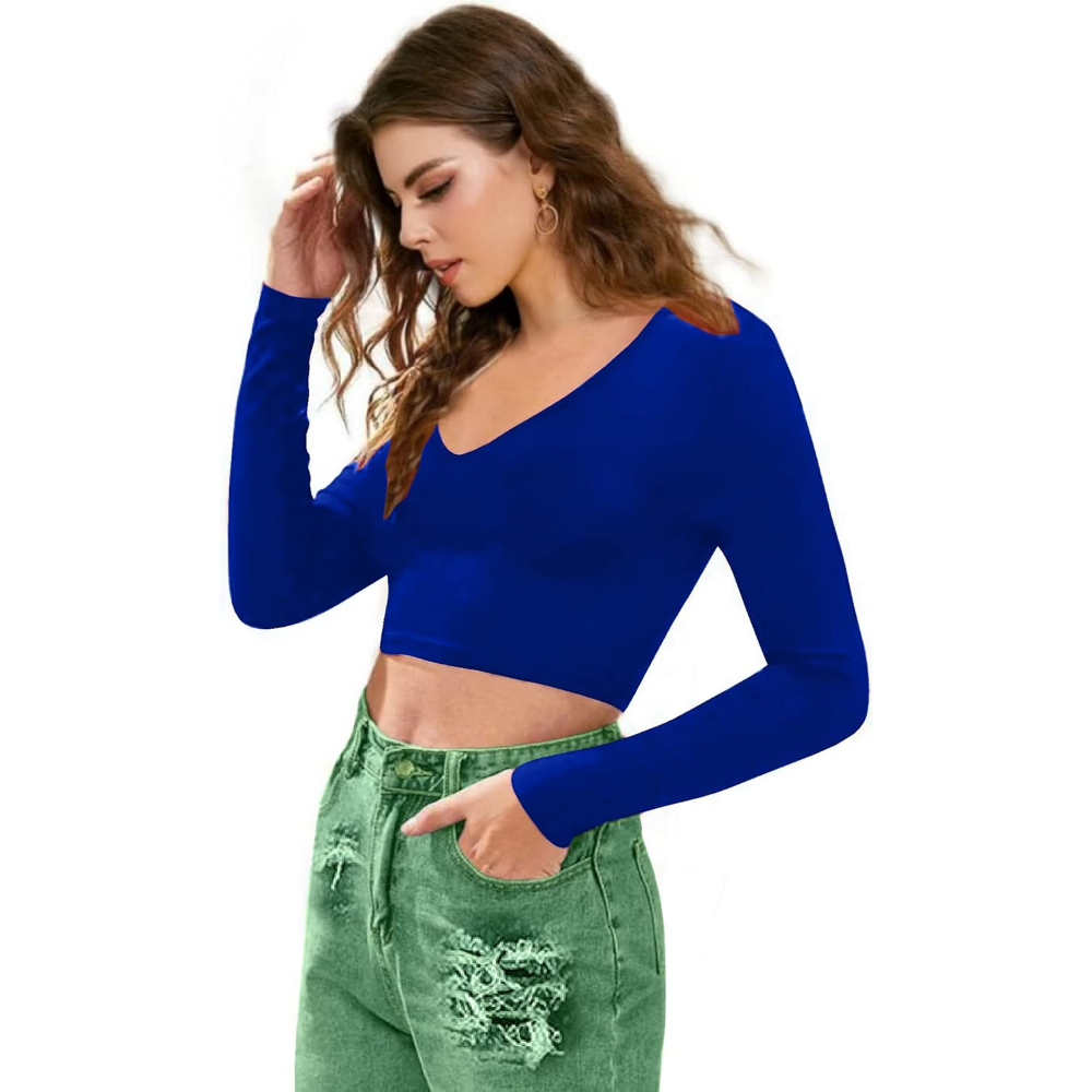 Women V-Neck Royal Blue Crop Top - Image 3
