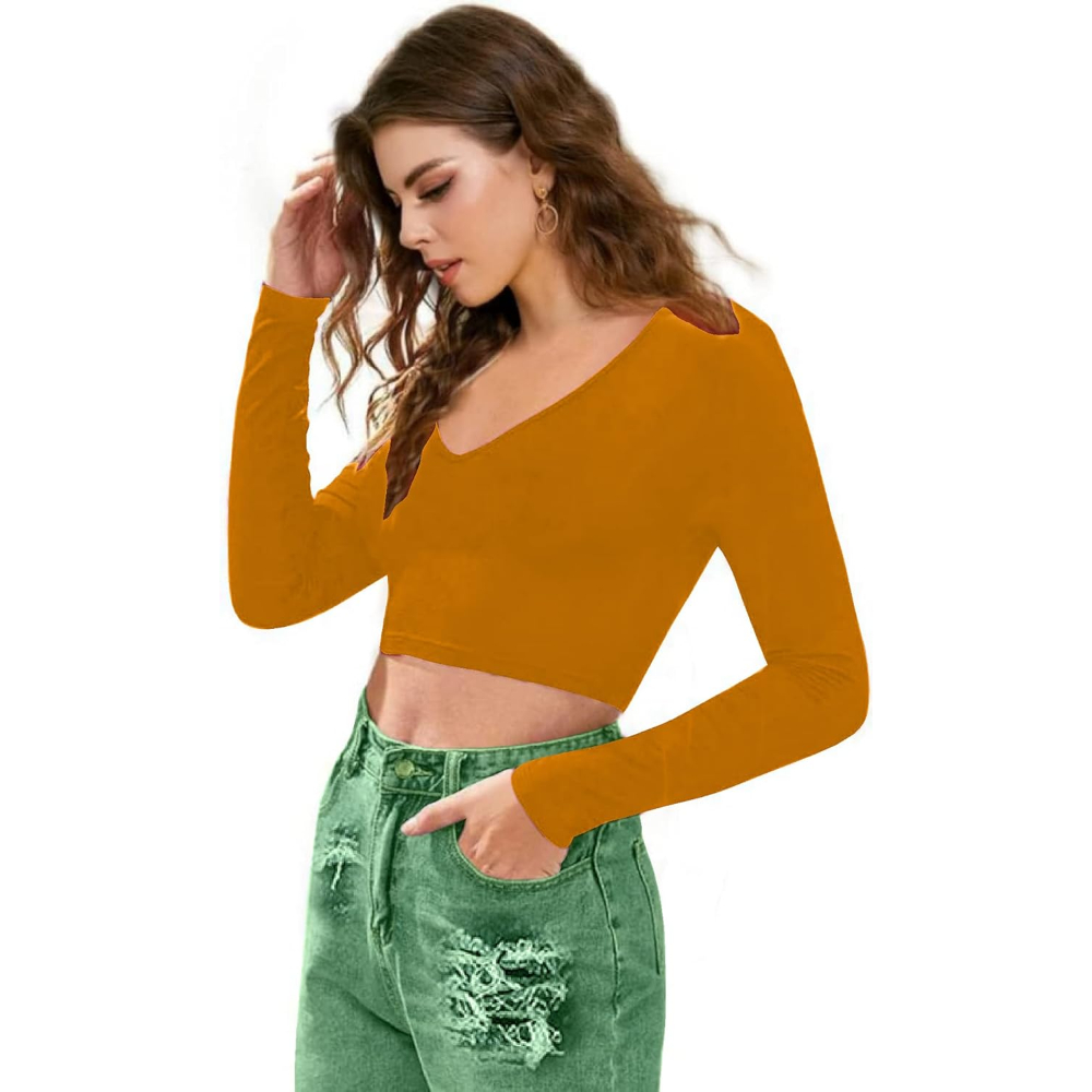 Women V-Neck Mustard Yellow Crop Top - Image 3