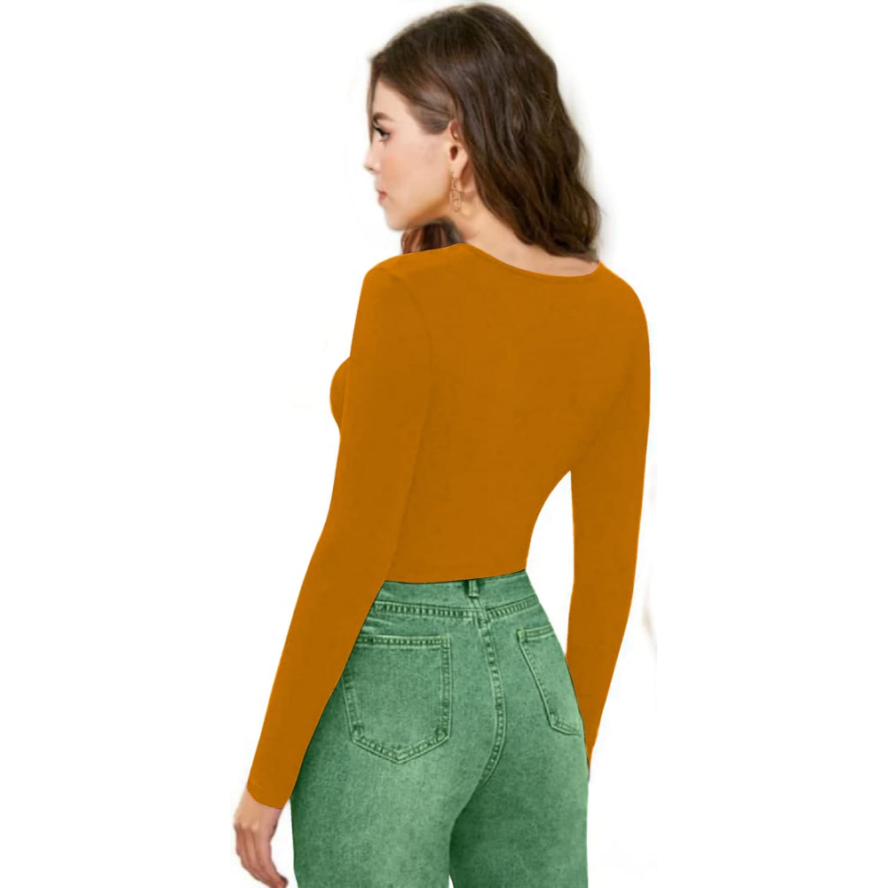 Women V-Neck Mustard Yellow Crop Top - Image 2