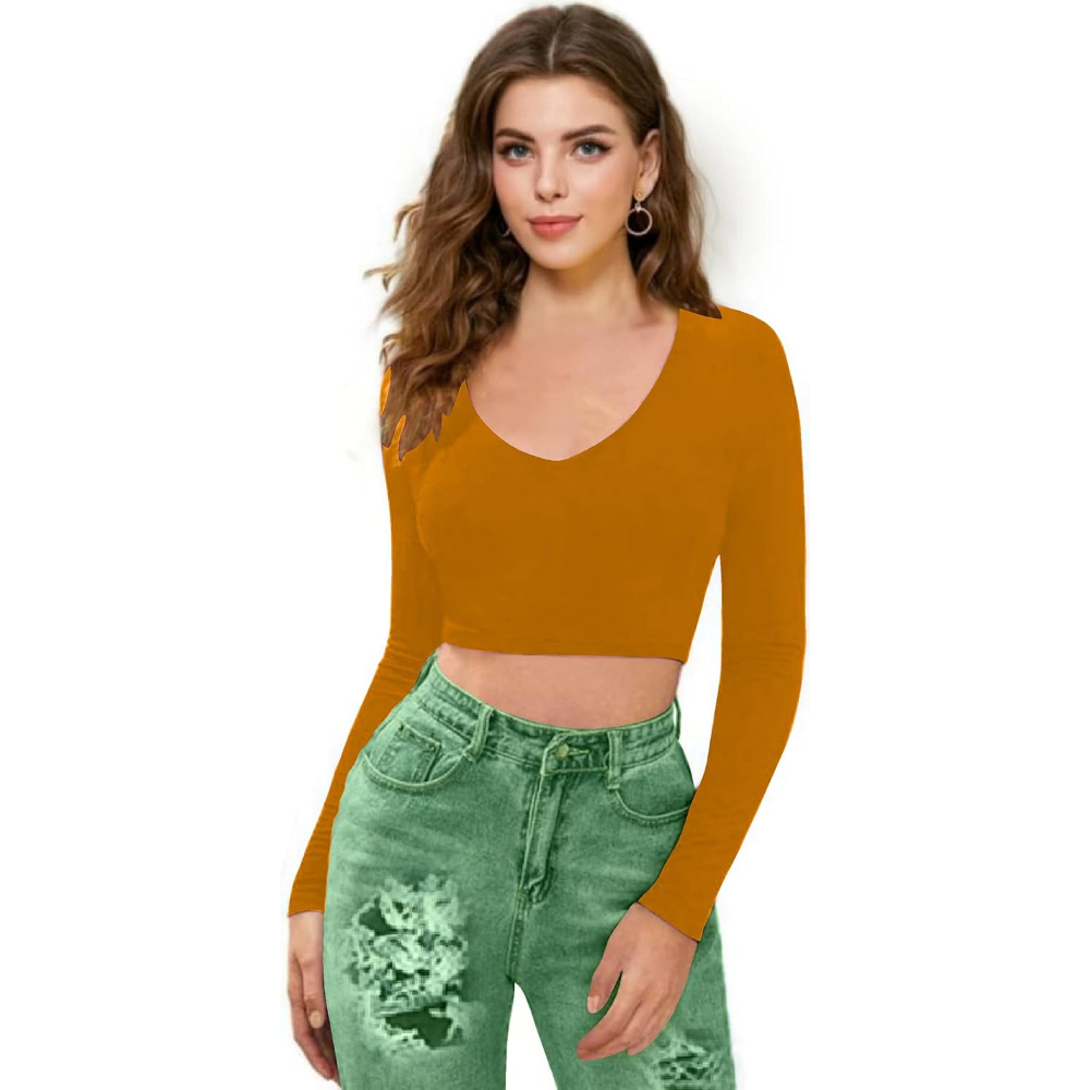 Women V-Neck Mustard Yellow Crop Top