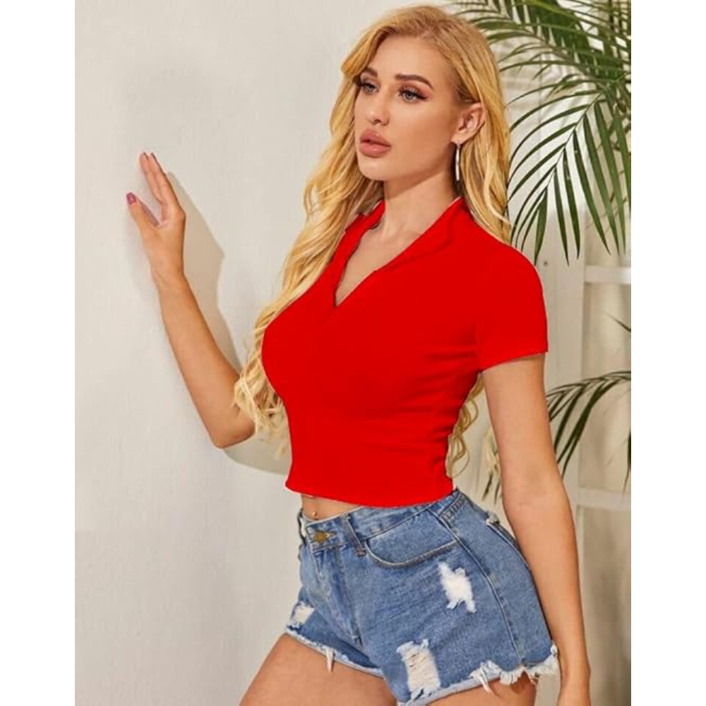 Women Collar V-Neck Red Crop Top - Image 3
