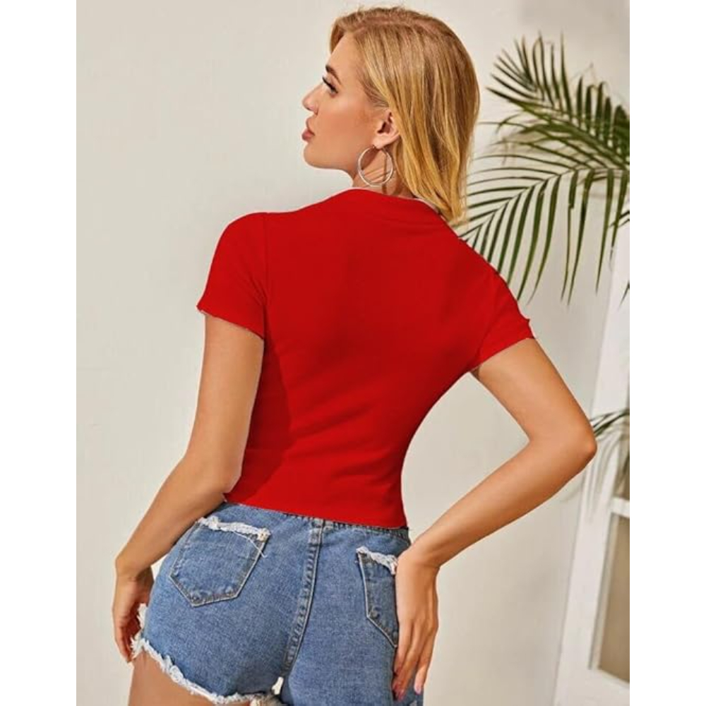 Women Collar V-Neck Red Crop Top - Image 2