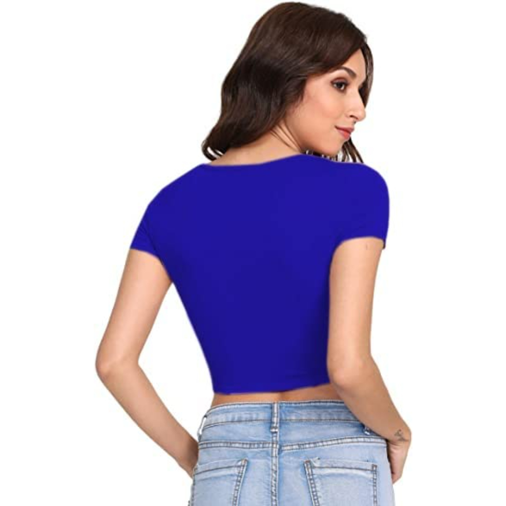 Women Round Neck Royal Blue Crop Top - Image 2