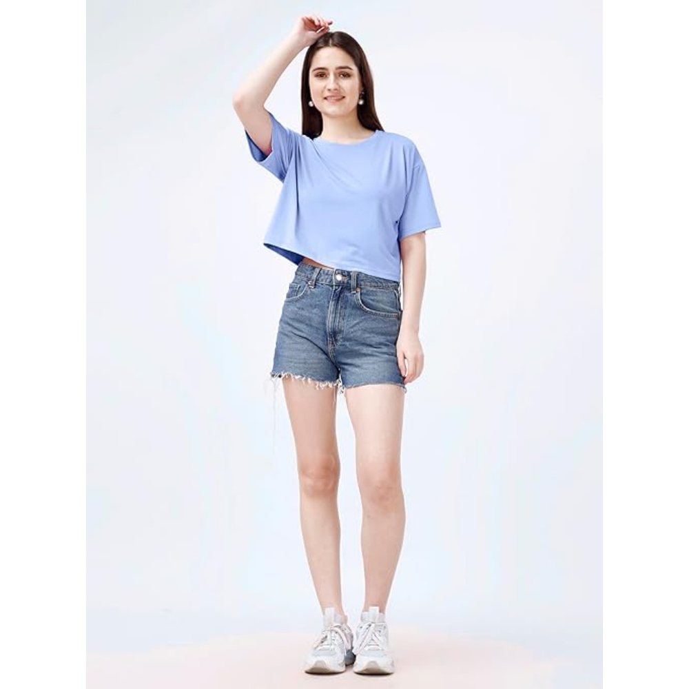 Women Oversized Sky Blue Crop Top - Image 3