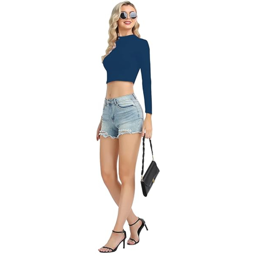 Women High Neck Dark Blue Crop Top - Image 3