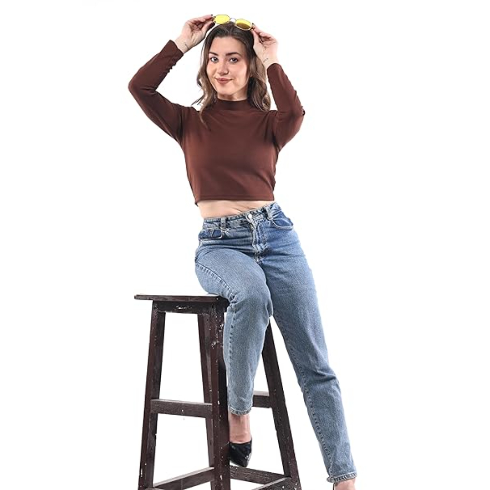 Women High Neck Coffee Brown Crop Top - Image 3