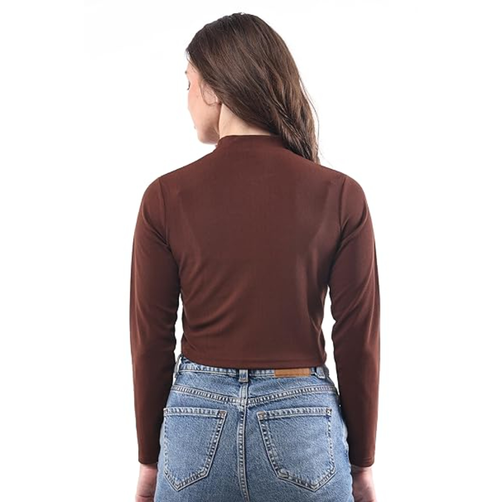 Women High Neck Coffee Brown Crop Top - Image 2