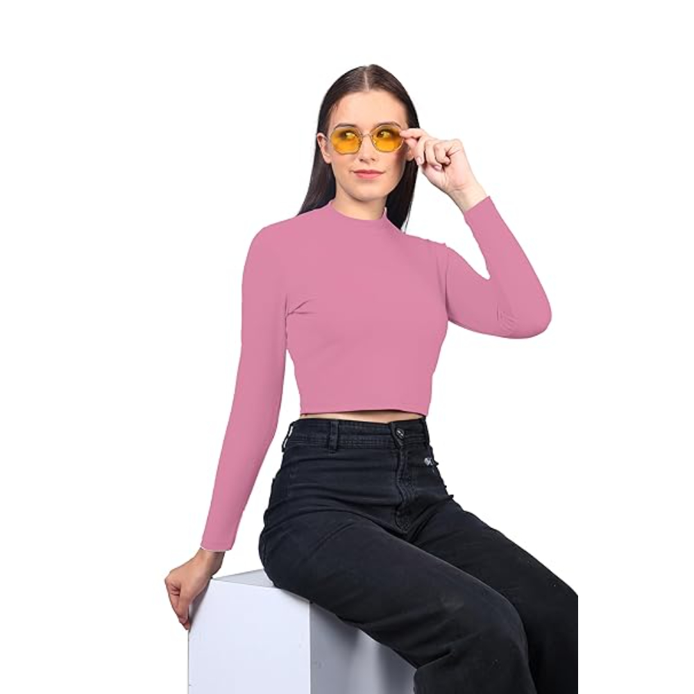Women High Neck Onion Pink Crop Top - Image 3