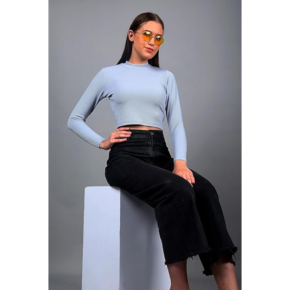 Women High Neck Light Blue Crop Top - Image 3