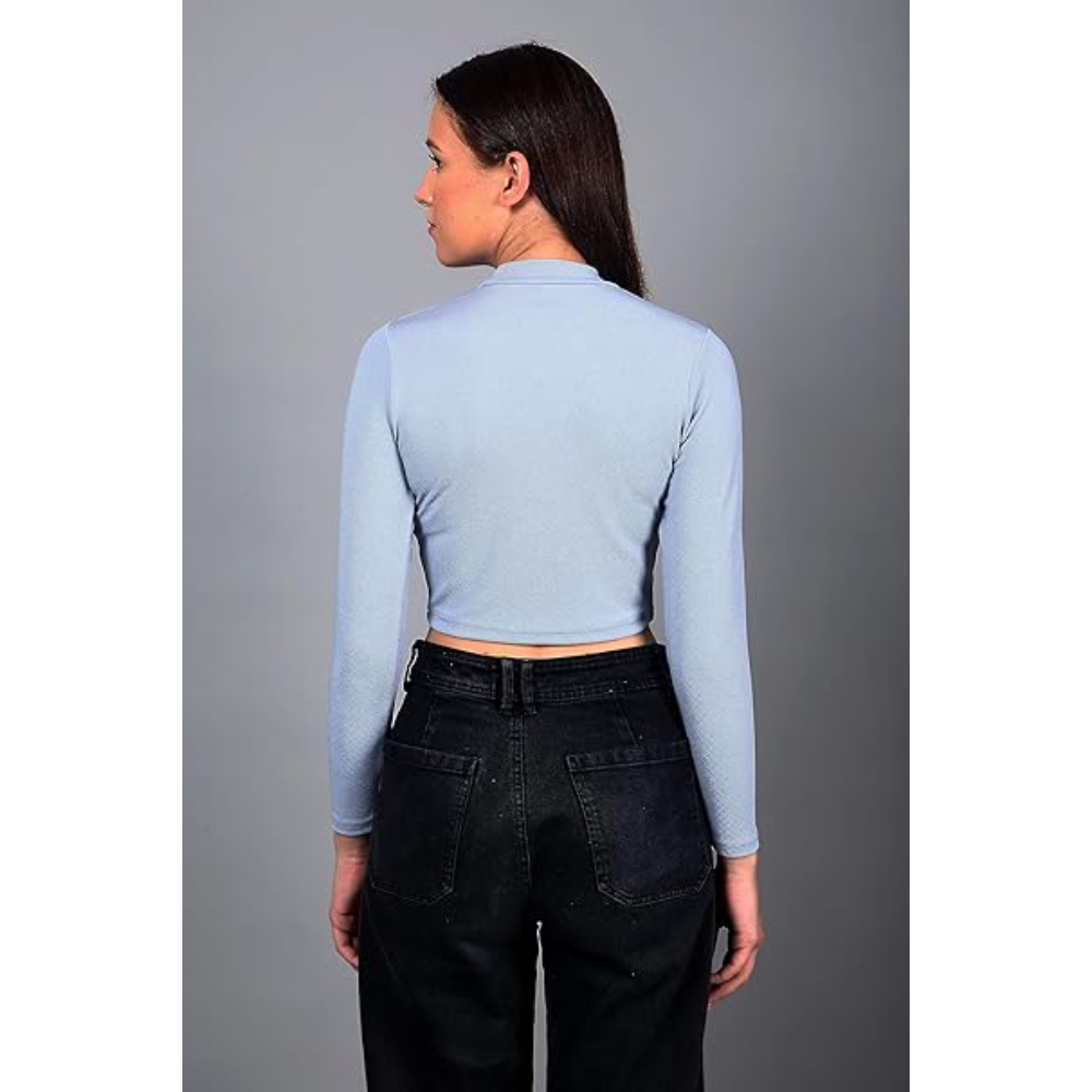 Women High Neck Light Blue Crop Top - Image 2